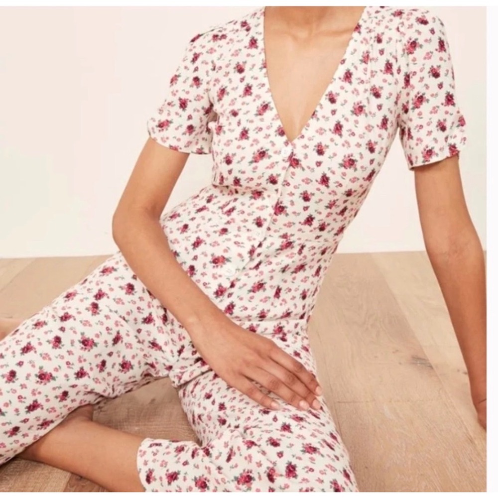 Reformation‎ France Wide Leg Jumpsuit in Ambrosia Floral V-Neck Button Front - 6